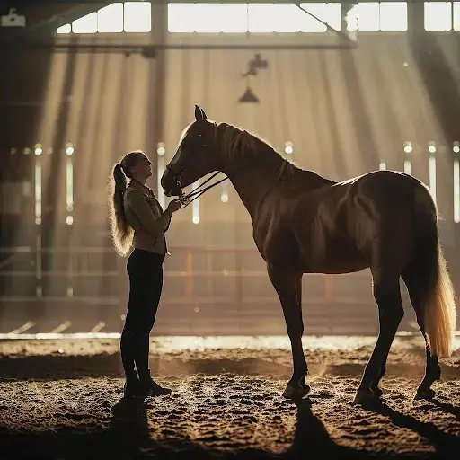 Girl and her horse in a covered arena looking at each other