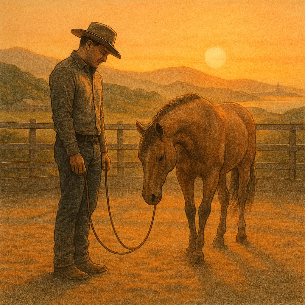 A handler holds a slack lead while the horse lowers its head