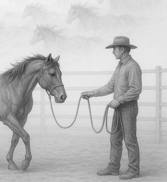 A handler asking a haltered horse to move out on the line