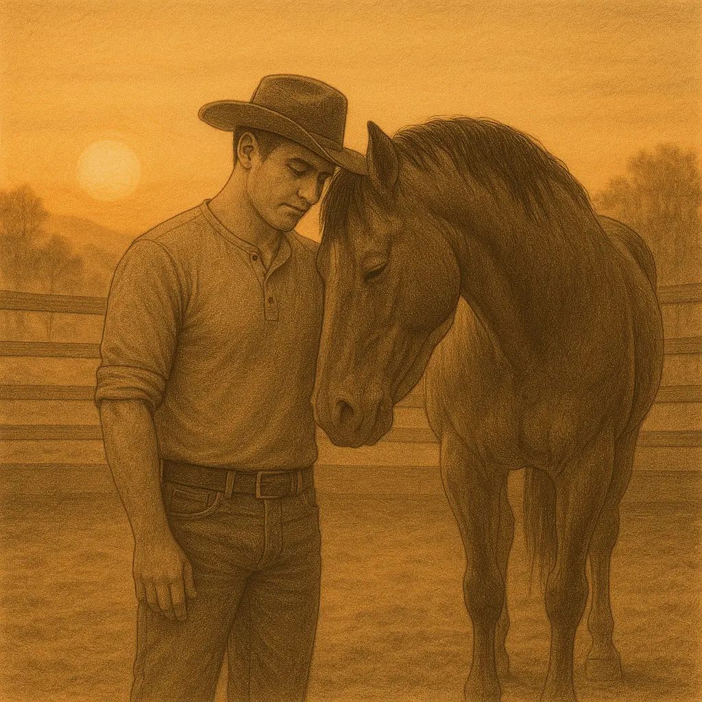 A handler and a calm horse standing head to head