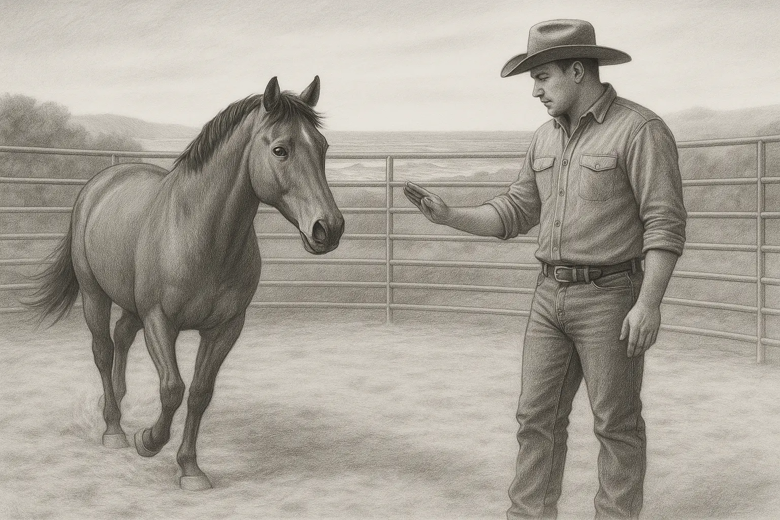 A handler inviting a loose horse toward him in the round pen