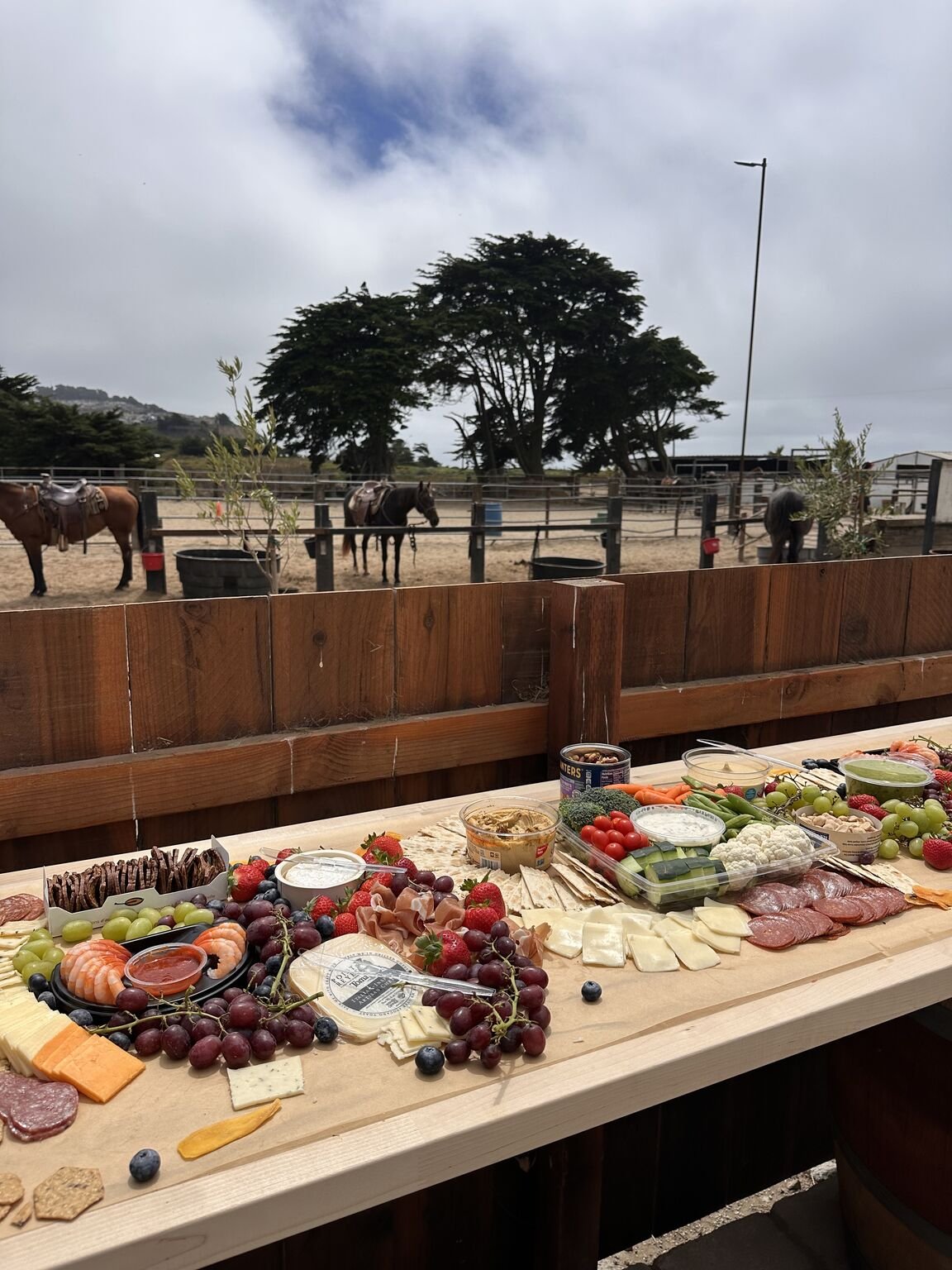 Catering laid out on the ranch bar overlooking the corral at Ocean View Stables