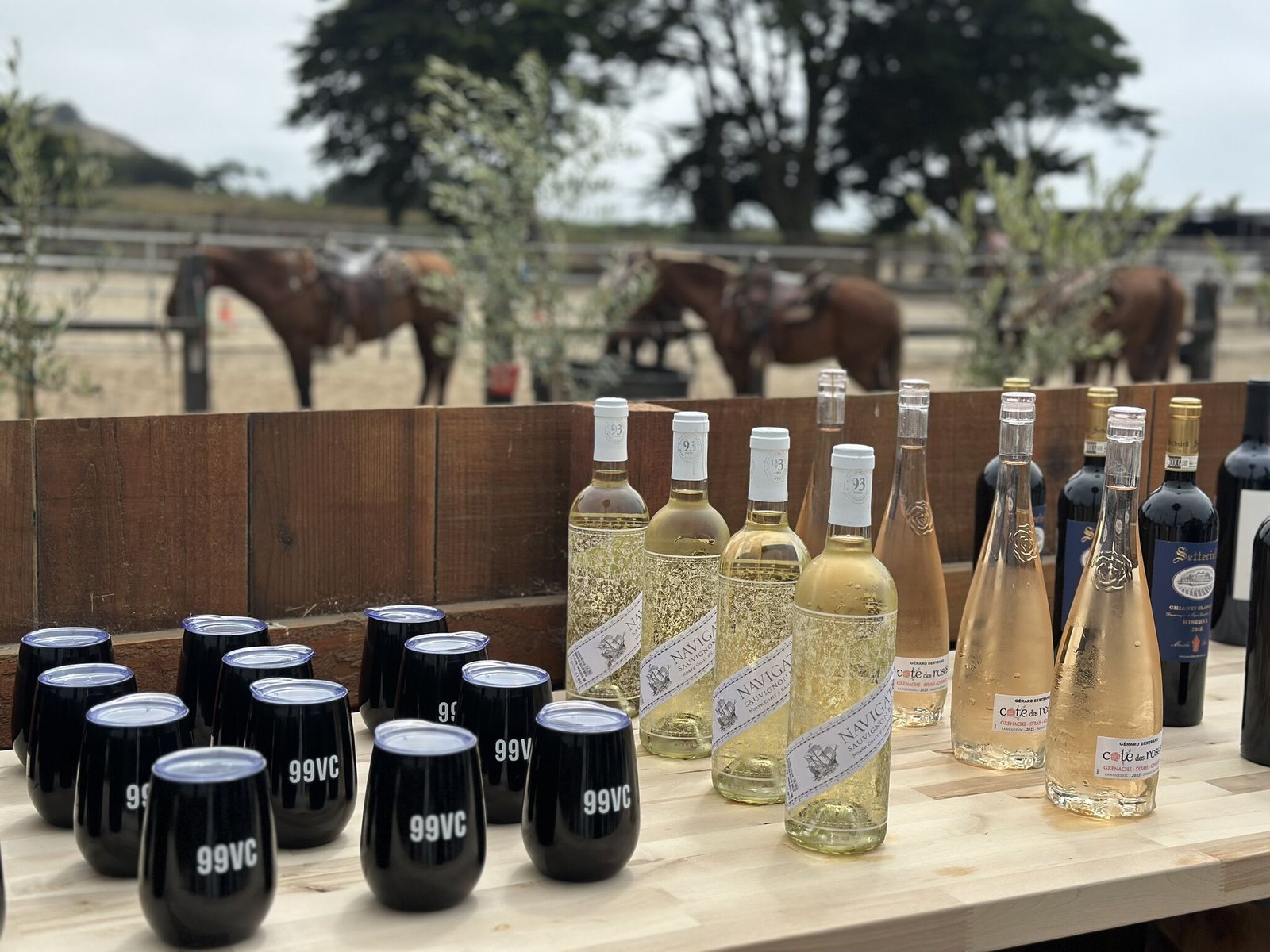 A wine tasting set up on the ranch bar beside the horse corral