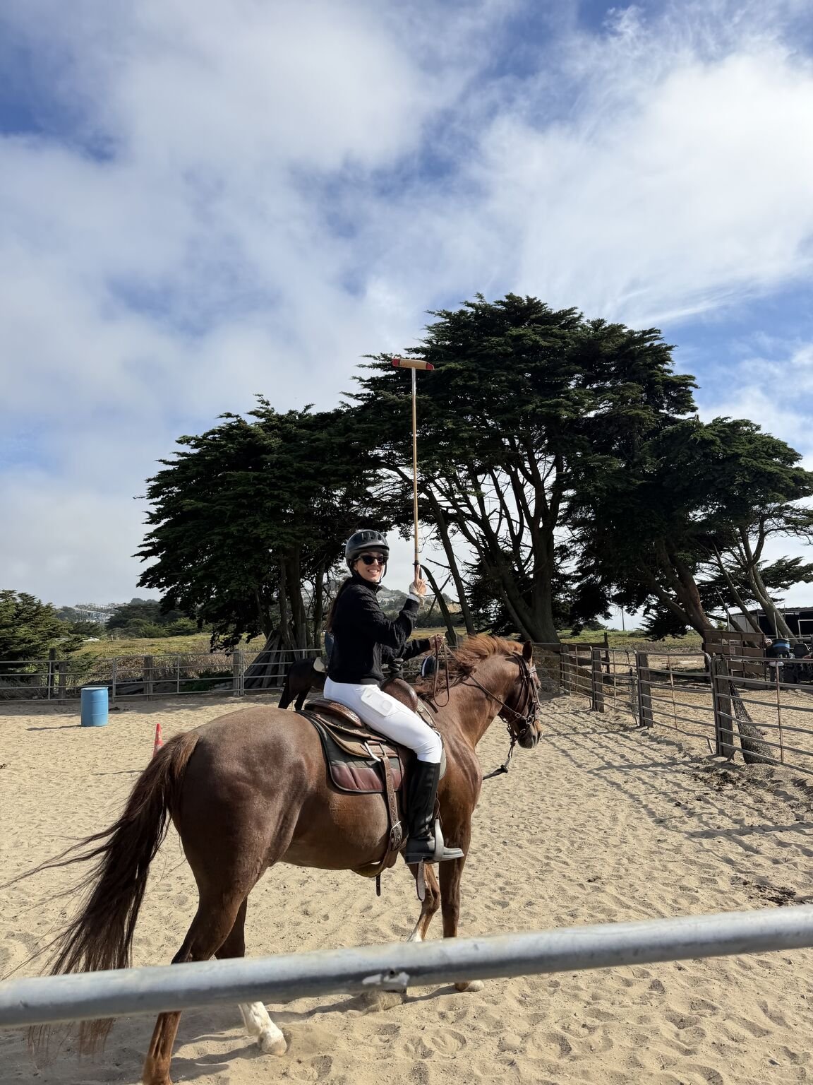 A guest mounted with a polo mallet in the arena on the San Francisco coast