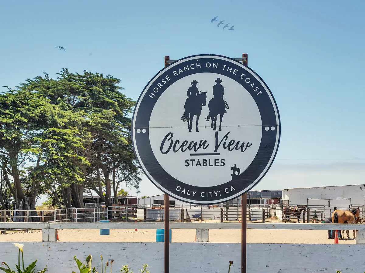 The Ocean View Stables sign, “Horse Ranch on the Coast, Daly City, CA”, in front of the arena and cypress trees