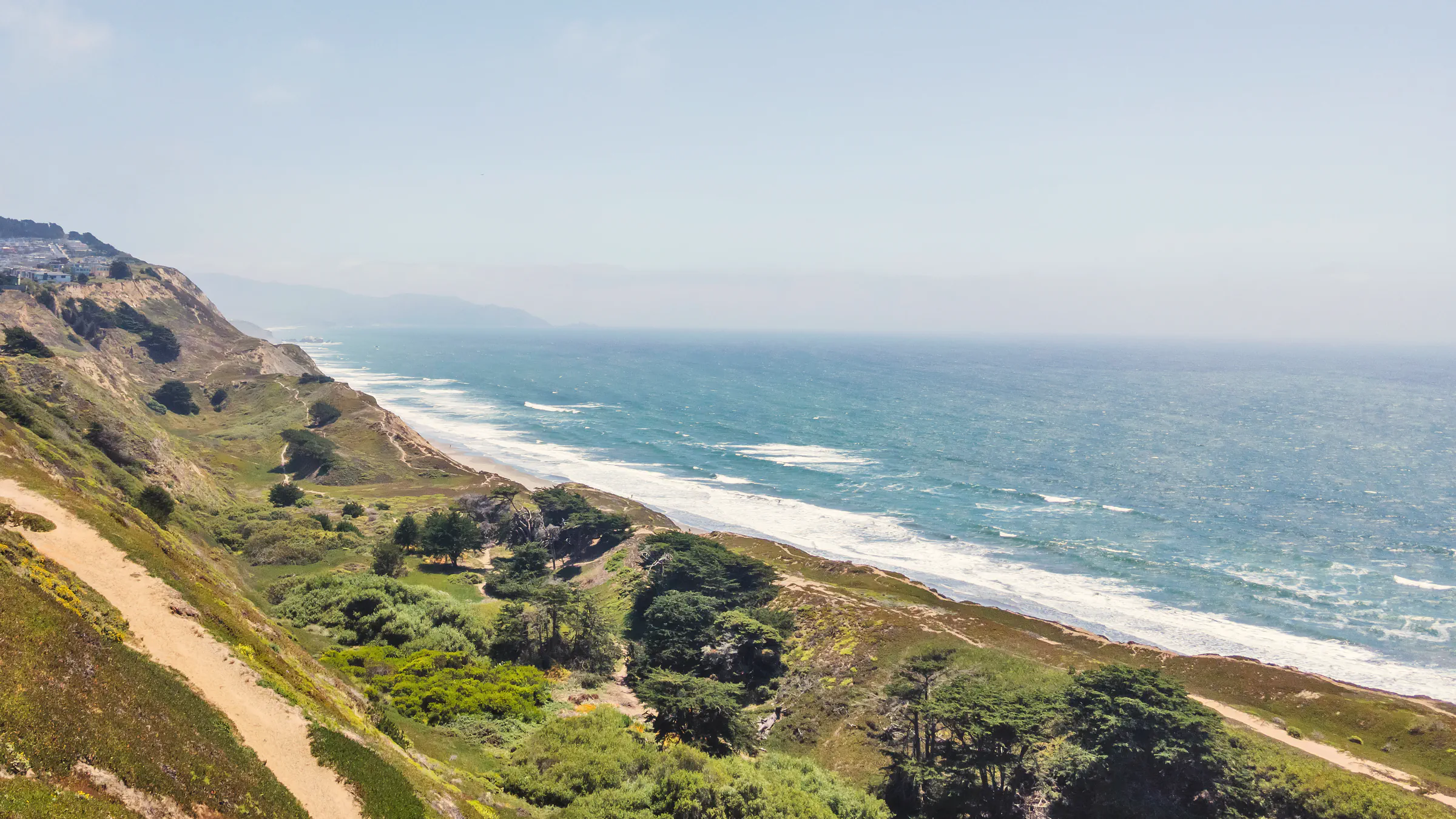The bluff trail running north above the beach and the Pacific, seen from the air