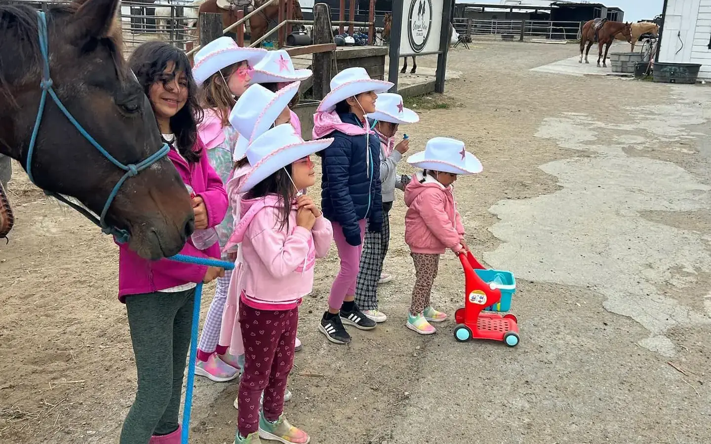 Young children in cowboy hats meet a horse at Ocean View Stables