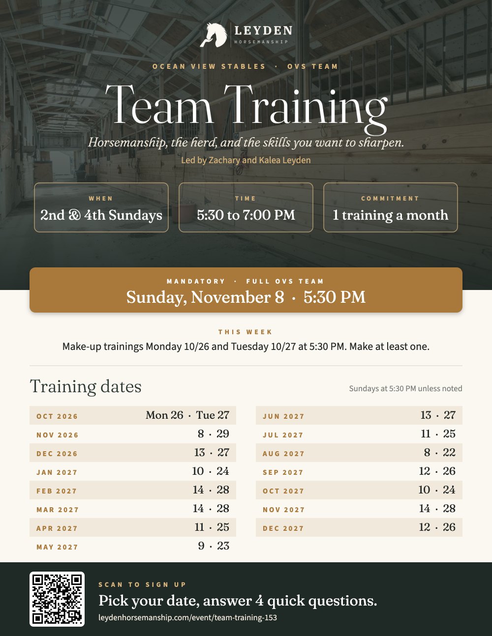 OVS Team Training schedule: 2nd and 4th Sundays, 5:30 to 7:00 PM, Sunday November 8 mandatory