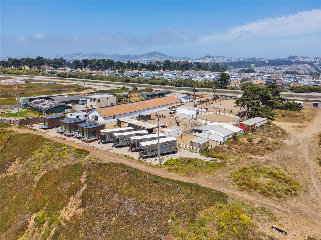 Ocean View Stables from the air, with the beach trail beyond